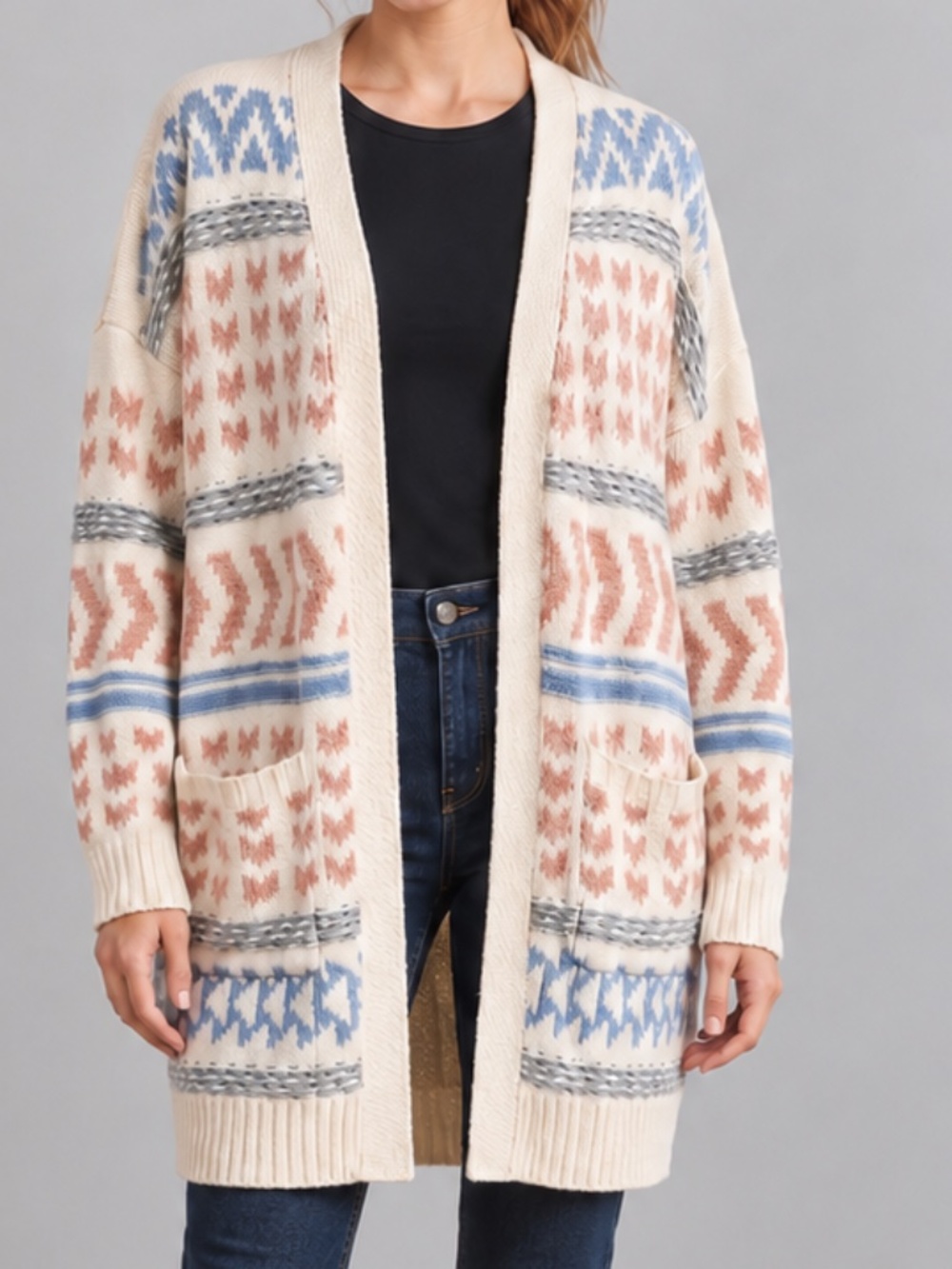 Pink Rose Aztec Geometric Open Front Cardigan Sweater Boho Duster Pockets XL